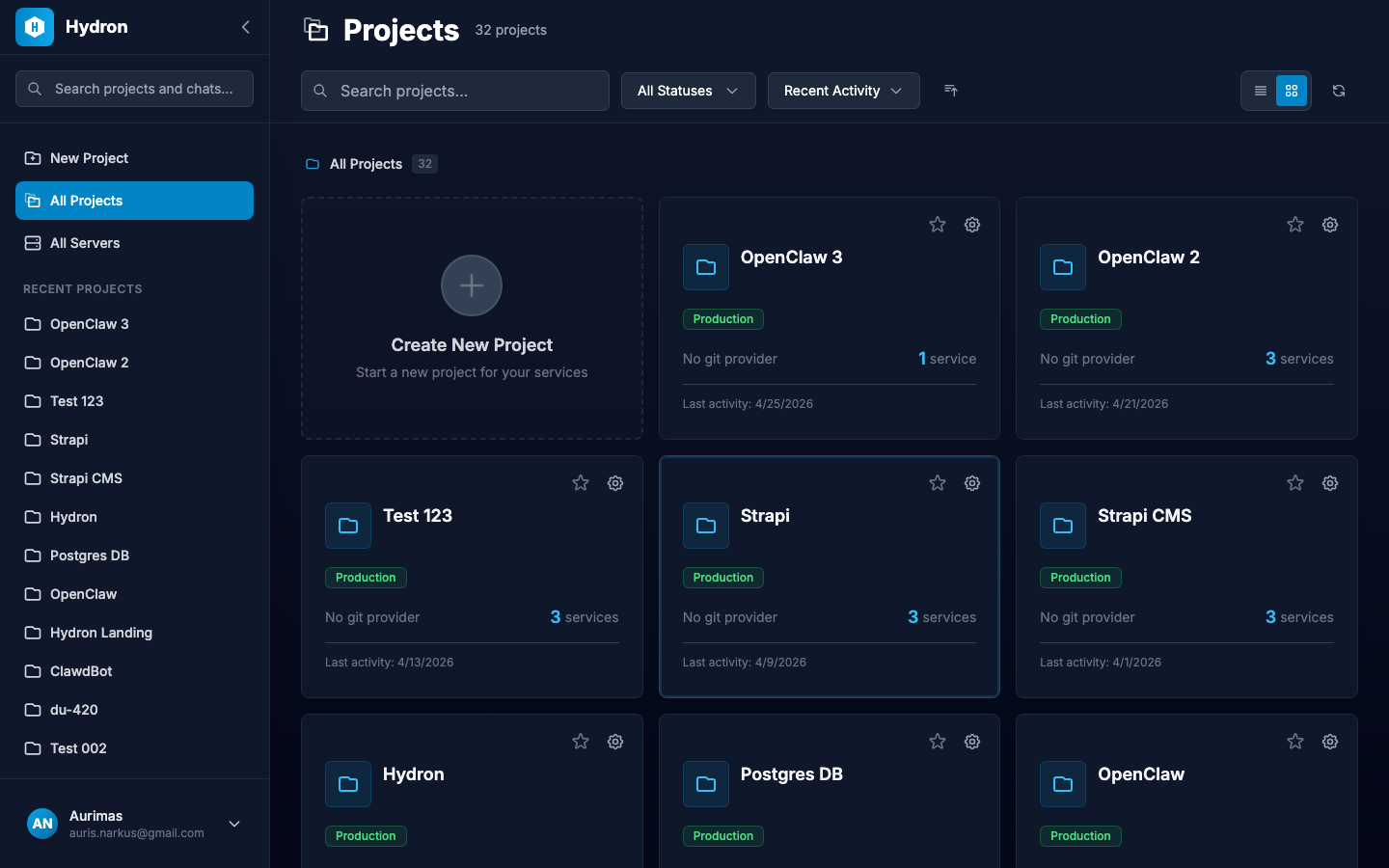 The Projects dashboard with project cards, search, and filtering options